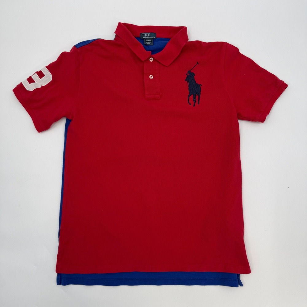 Polo Ralph Lauren Kids XL Polo Shirt Red Blue Big Pony Colorblock 3 Patch